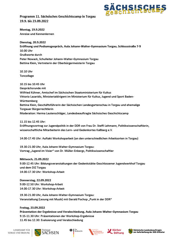 Ablauf Geschichtscamp Torgau 2022